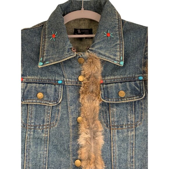 Sisters S Denim Fur Trim Vest Southwest  Embellishments RF10610 EUC - Picture 3 of 8